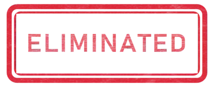 A rubber stamp reading ELIMINATED.