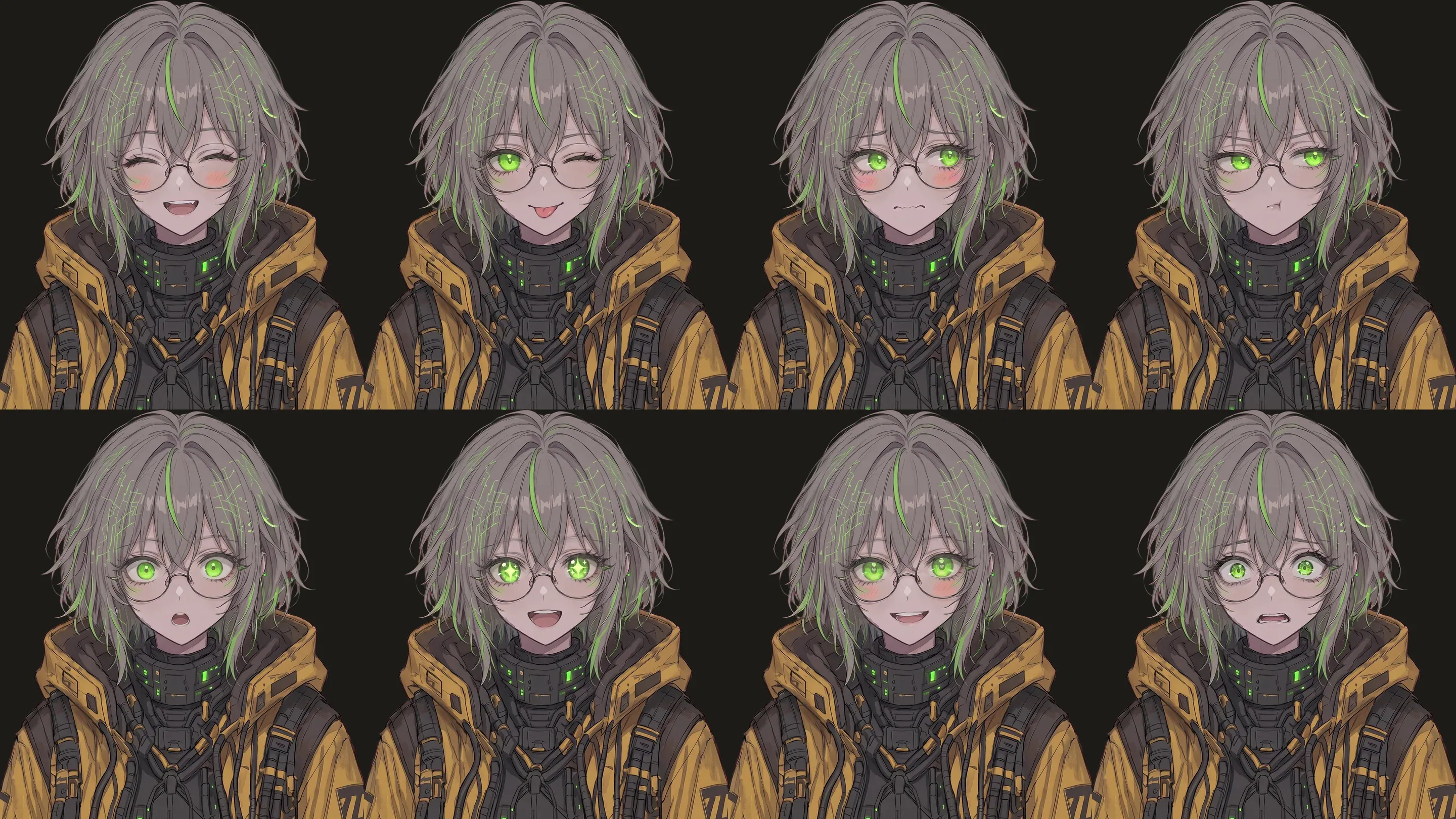 Eight of Core-chan’s faces, all built on one drawing of her.