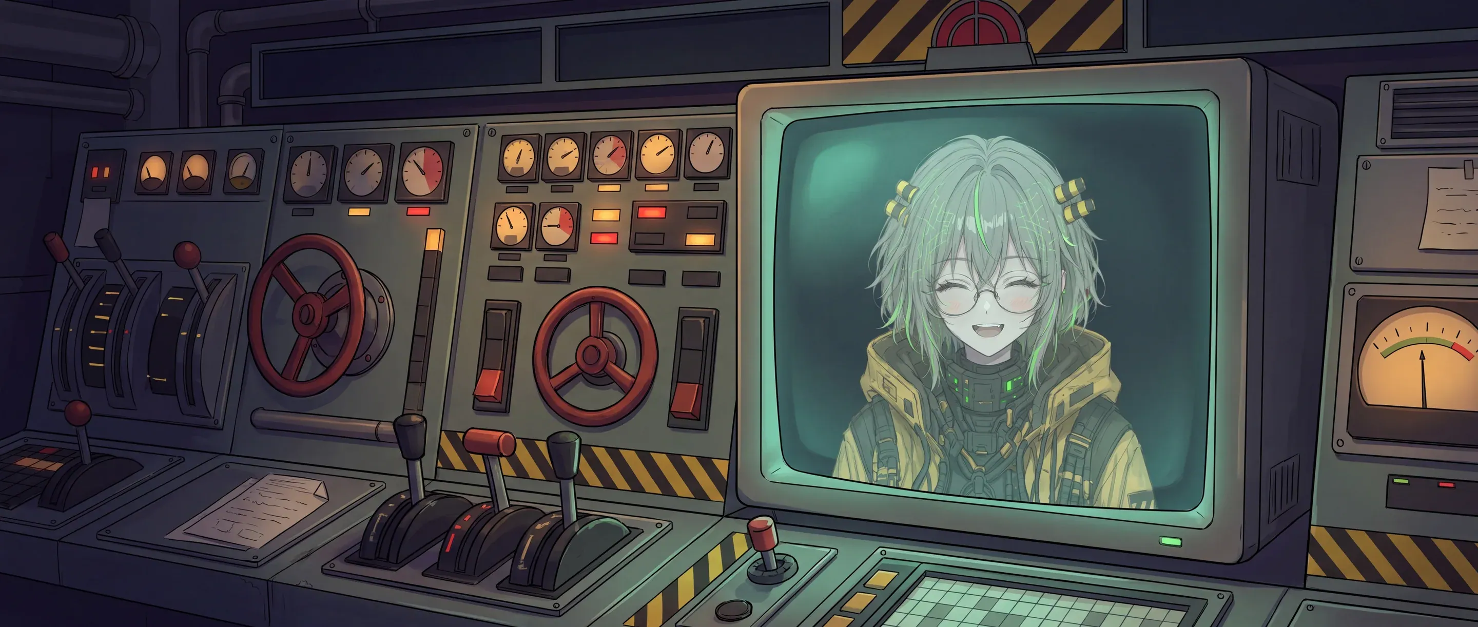 Core-chan laughs on her CRT at the end of a long reactor desk.