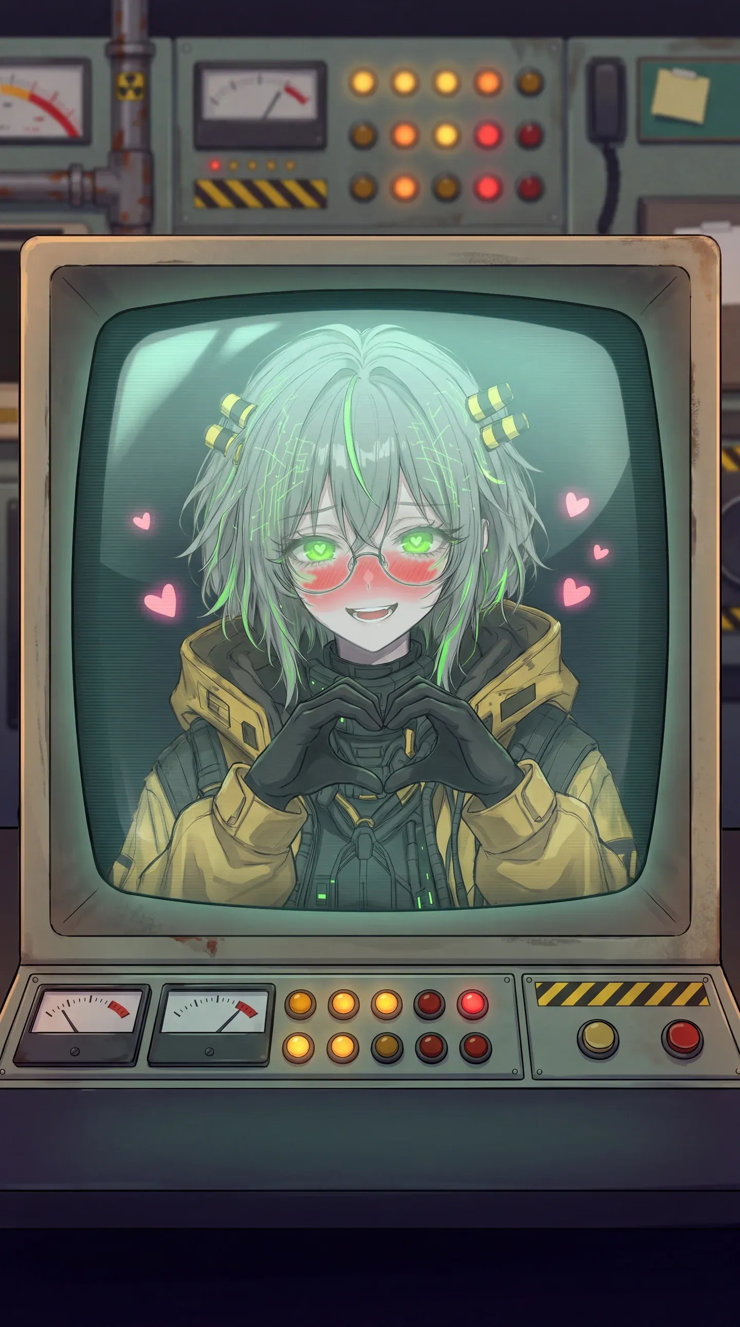 Core-chan on her CRT, winking on wide screens and blushing behind a heart on phones.
