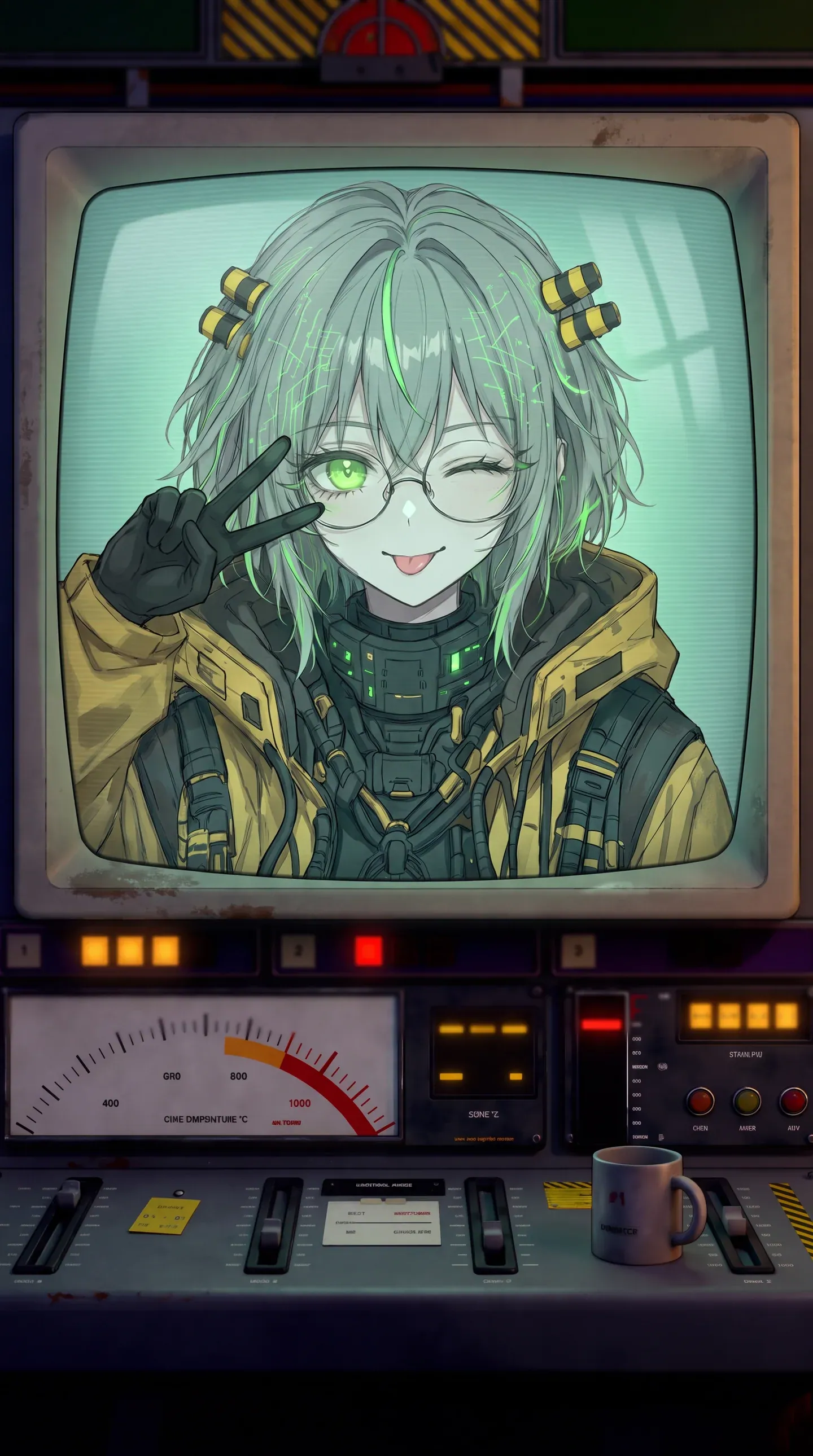 Core-chan winks and flashes a peace sign through the glass of her CRT.