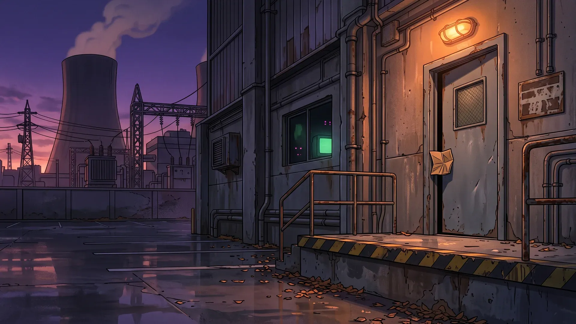 A steel door in the plant wall at dusk, cooling towers behind it and one lamp lit above.
