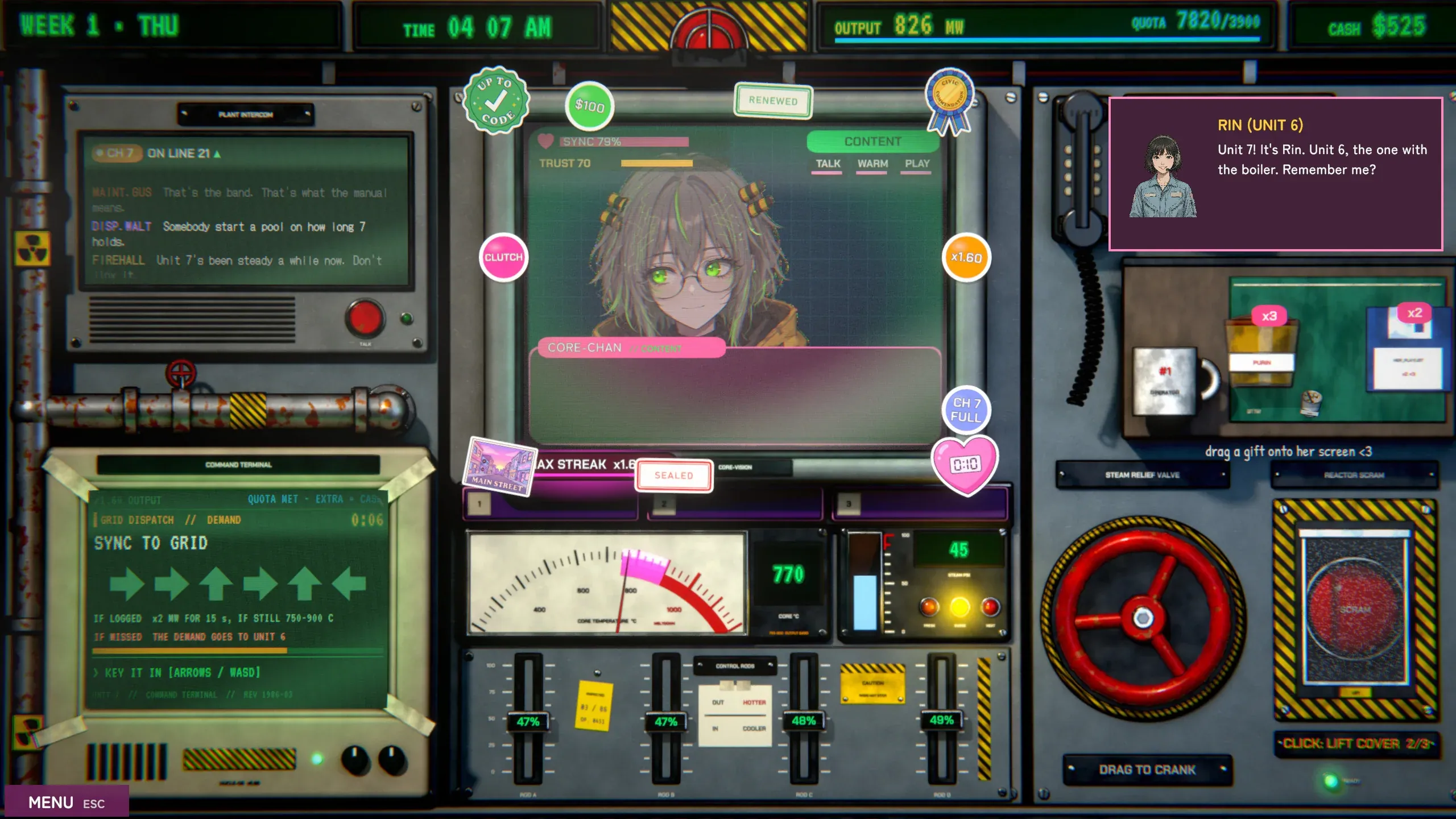 Rin from Unit 6 calls the desk while Core-chan watches from her screen.
