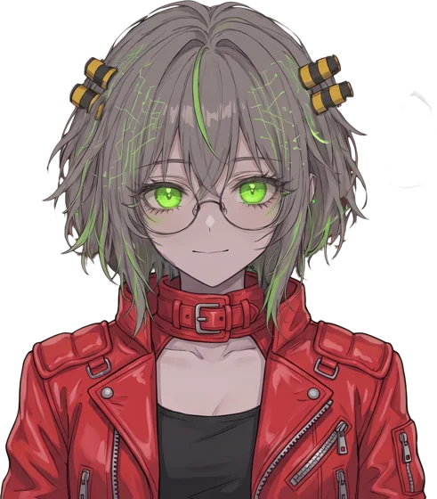 Core-chan in her biker jacket.