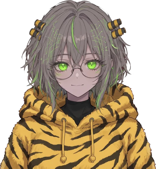 Core-chan in her tiger hoodie.